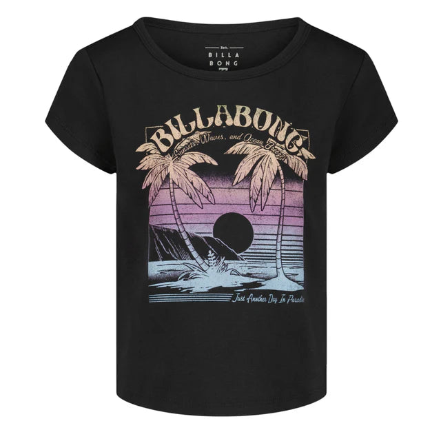 T-Shirt - Billabong noir en coton à manches courtes, motif coucher de soleil et palmiers, vue de face et dos, enfant