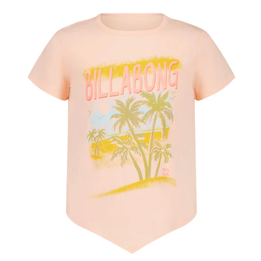 T-Shirt - Billabong pêche en coton avec motifs palmiers et coucher de soleil, vue de face et de dos, style décontracté