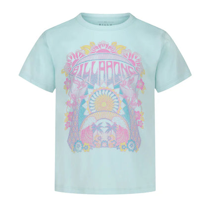 T-Shirt - Billabong bleu menthe avec motif coloré rose, jaune et bleu, style décontracté, vue de face.