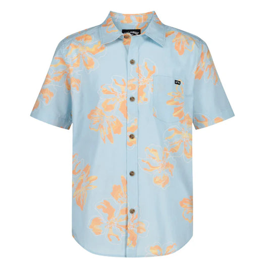 Chemise - Billabong en jersey coton bleu clair à motifs floraux pêche, vue de face et dos, style décontracté homme adulte.