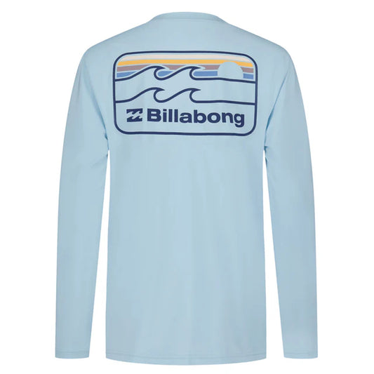 Chandail U.V - Billabong bleu clair manches longues en polyester et spandex, vue avant et dos avec logo vague et soleil couchant.