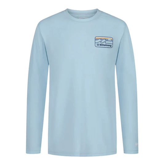 Chandail U.V - Billabong bleu clair manches longues en polyester et spandex, vue avant et dos avec logo vague et soleil couchant.