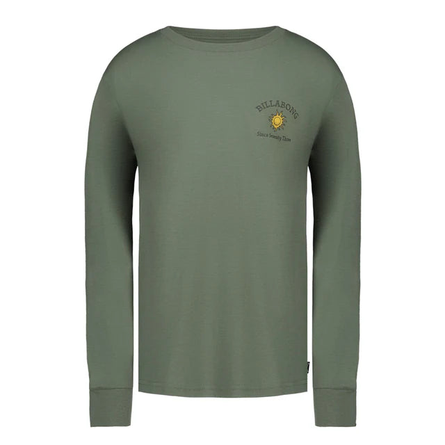 Chandail - Billabong vert kaki à manches longues en coton, style décontracté, vue de face sur fond blanc.