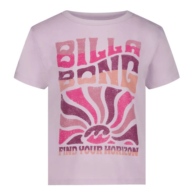 T-Shirt - Billabong lilas en coton avec imprimé coloré rose, orange et bordeaux stylisé, pour enfant, vue de face.