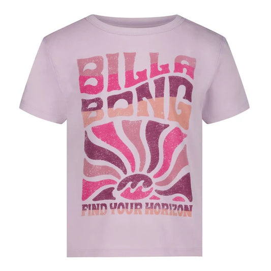 T-Shirt - Billabong lilas en coton avec imprimé coloré rose, orange et bordeaux stylisé, pour enfant, vue de face.