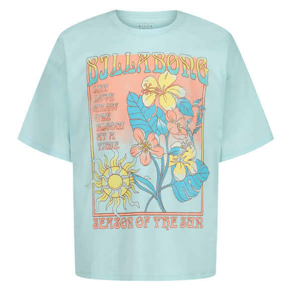T-Shirt - Billabong bleu clair en coton avec motif fleurs et soleil coloré, vue de face, dimensions carrées 580x580 pixels.