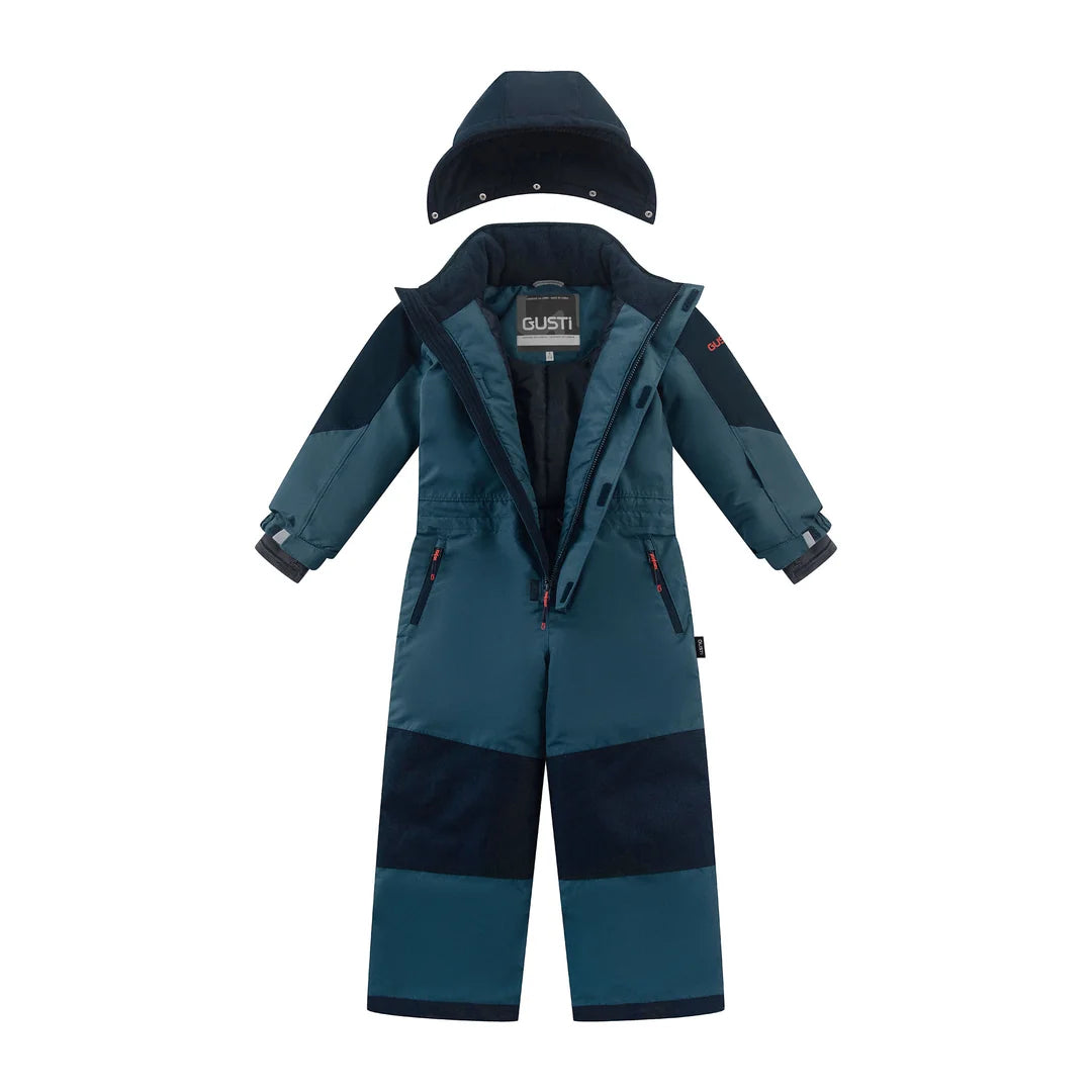 Habit de neige Blizzard - Gusti une pièce bleu pétrole et bleu marine pour enfant avec capuchon détaché vue de face