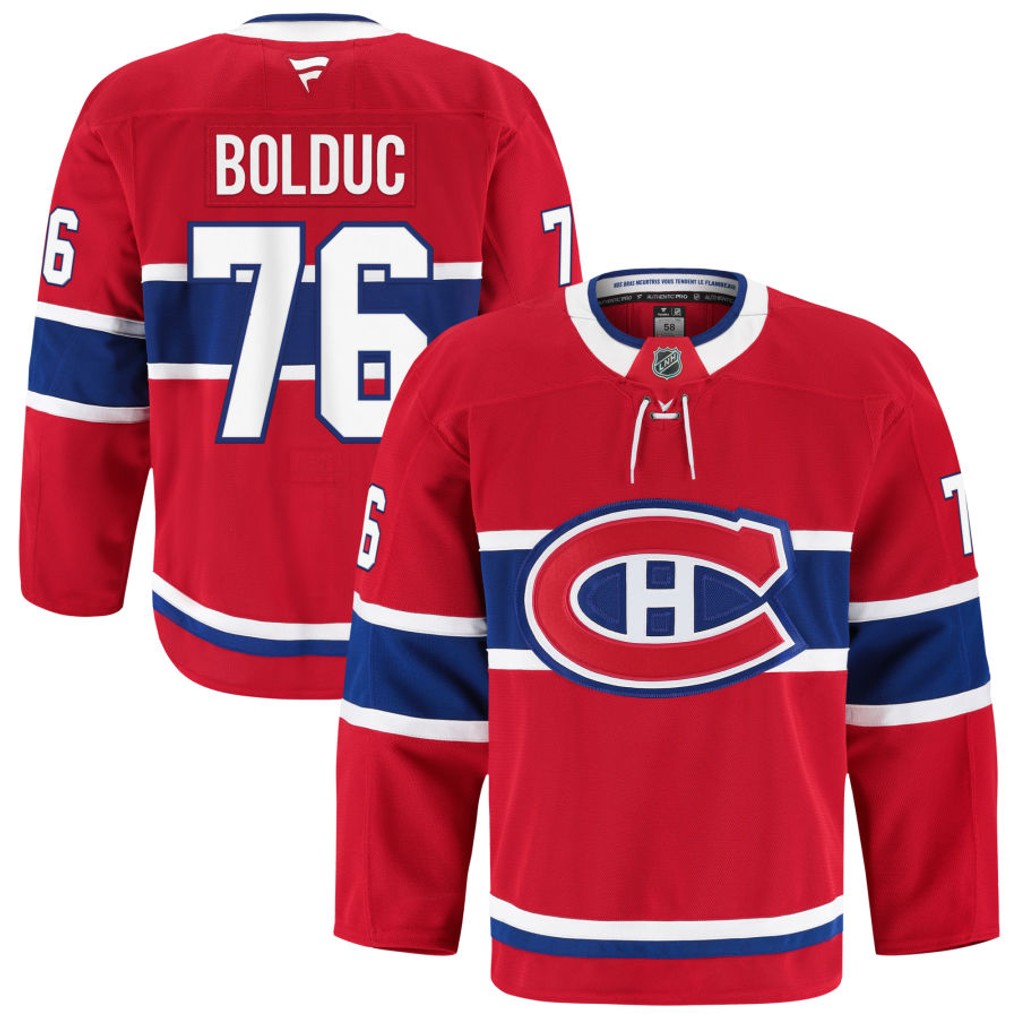 Jersey de hockey - Bolduc rouge, blanc et bleu, style classique, sans lacets visibles, vue de face et dos, taille adulte