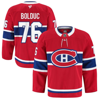 Jersey de hockey - Bolduc rouge, blanc et bleu, style classique, sans lacets visibles, vue de face et dos, taille adulte