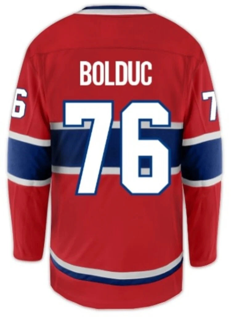 Jersey de hockey - Bolduc rouge et bleu, numéroté 76, style classique, vue de dos, manches longues pour adulte.