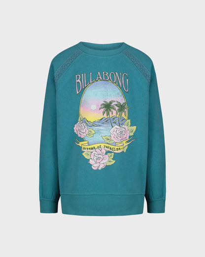 Chandail - Billabong bleu sarcelle à manches longues avec motif tropical coloré et fleurs roses, vue de face sur fond neutre.