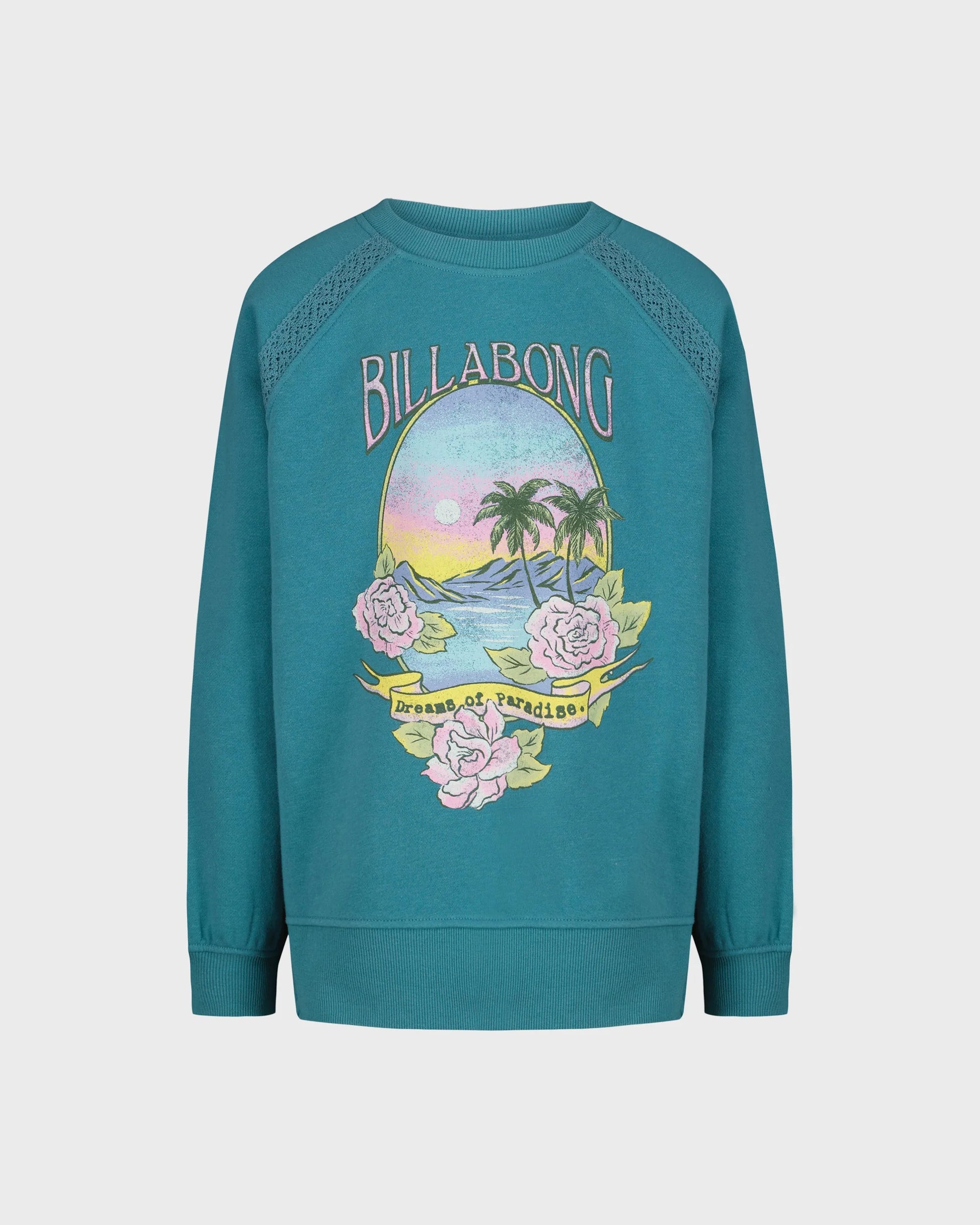 Chandail - Billabong bleu turquoise avec imprimé coloré de paysage tropical et fleurs roses, style sweat-shirt, vue de face.