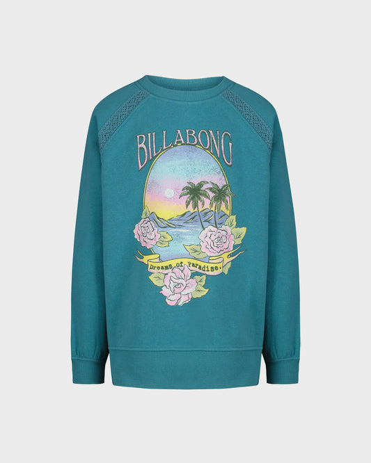Chandail - Billabong bleu turquoise avec imprimé coloré de paysage tropical et fleurs roses, style sweat-shirt, vue de face.