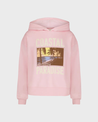 Hoodie - Billabong rose pâle en coton avec imprimé plage tropicale beige et bleu, style casual, vue de face, pour enfant.