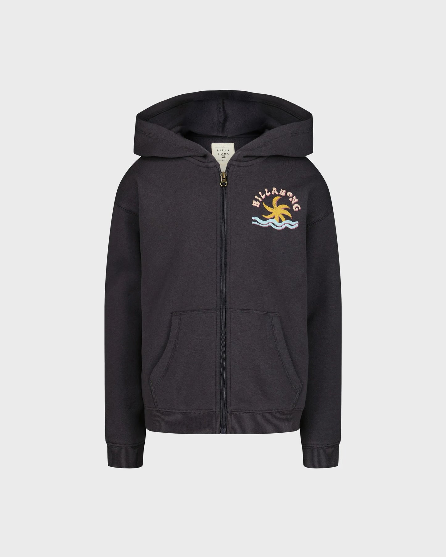 Veste - Billabong noire à capuche avec fermeture éclair et logo coloré sur la poitrine, style casual pour enfant, vue de face.