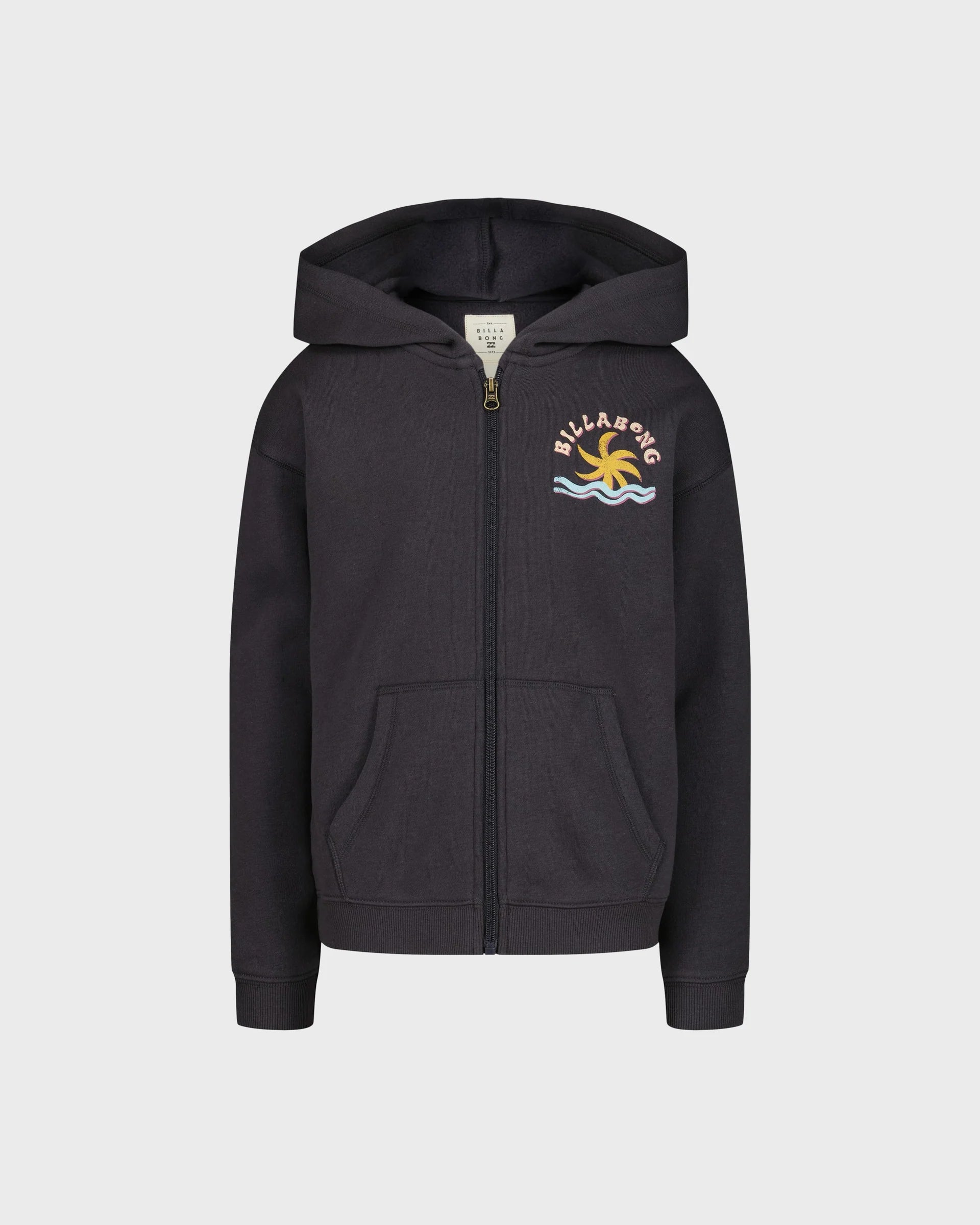 Veste - Billabong noire à capuche avec fermeture éclair et logo coloré sur la poitrine, style casual pour enfant, vue de face.