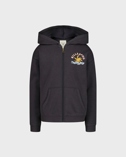 Veste - Billabong noire à capuche avec fermeture éclair et logo coloré sur la poitrine, style casual pour enfant, vue de face.