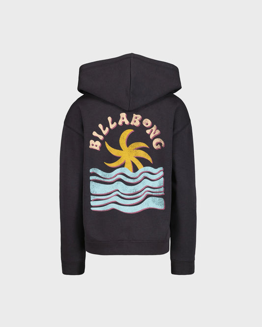 Veste - Billabong noire à capuche avec illustration rétro jaune et bleu représentant un soleil et des vagues, vue de dos.