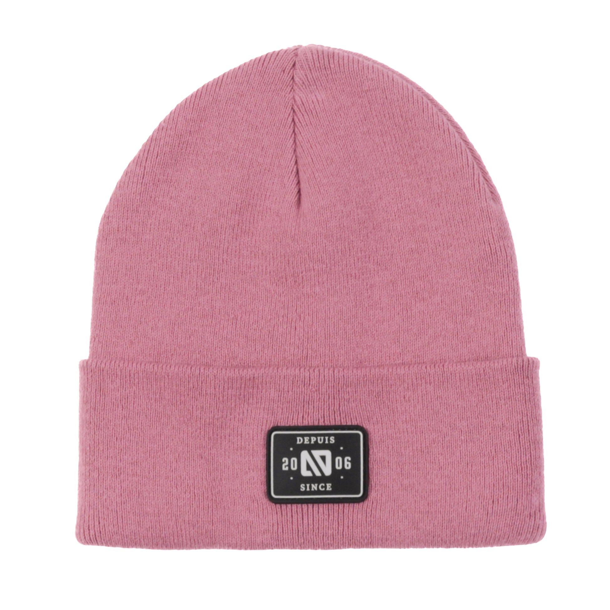 Tuque Mi-Saison - Nanö rose en tricot doux double épaisseur avec écusson noir, vue de face, unisexe adulte.
