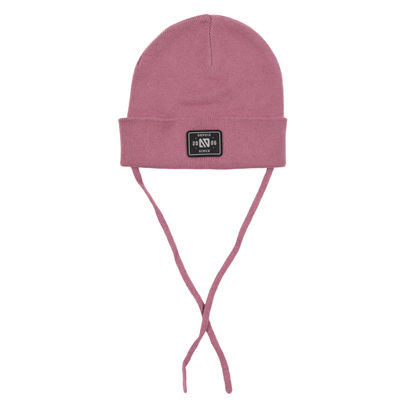 Tuque Mi-Saison - Nanö rose avec attaches longues en coton pour enfant, vue de face sur fond blanc.