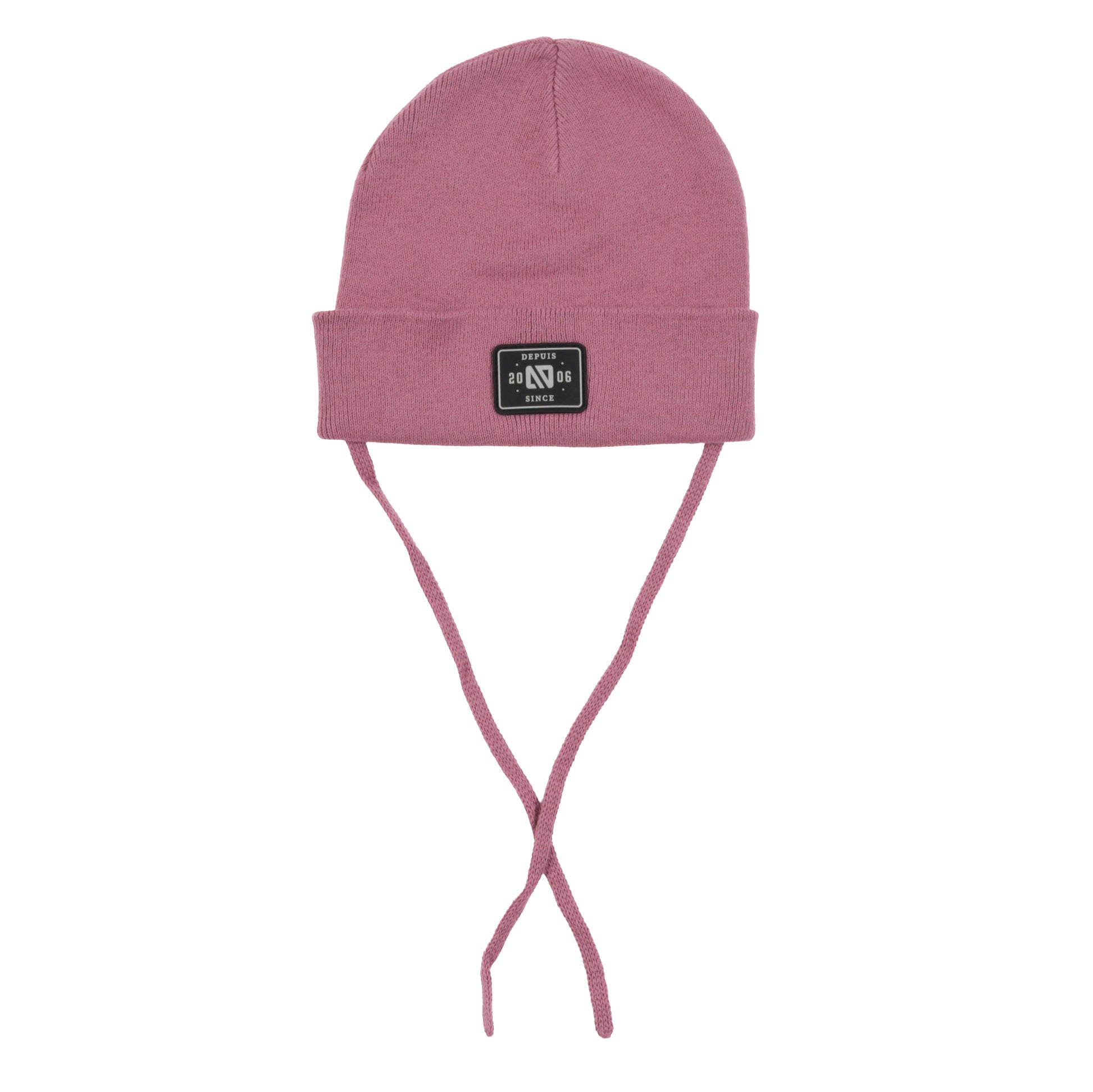 Tuque Mi-Saison - Nanö rose avec attaches longues en coton pour enfant, vue de face sur fond blanc.