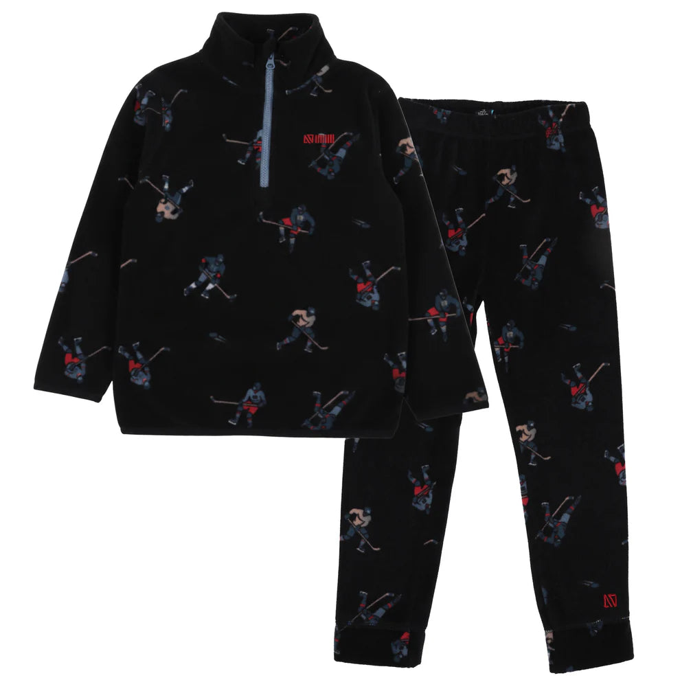 Ensemble Thermal - Nanö noir avec motifs joueurs de hockey bleus et rouges, en matière polaire douce, pour enfant, vue de face posé à plat.