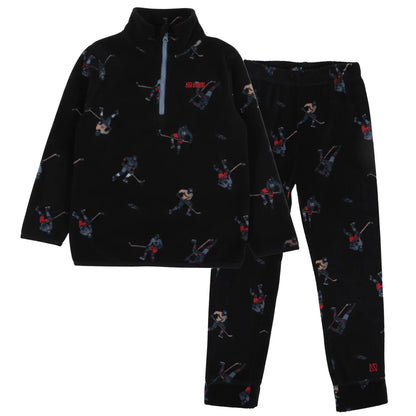 Ensemble Thermal - Nanö noir avec motifs joueurs de hockey bleus et rouges, en matière polaire douce, pour enfant, vue de face posé à plat.