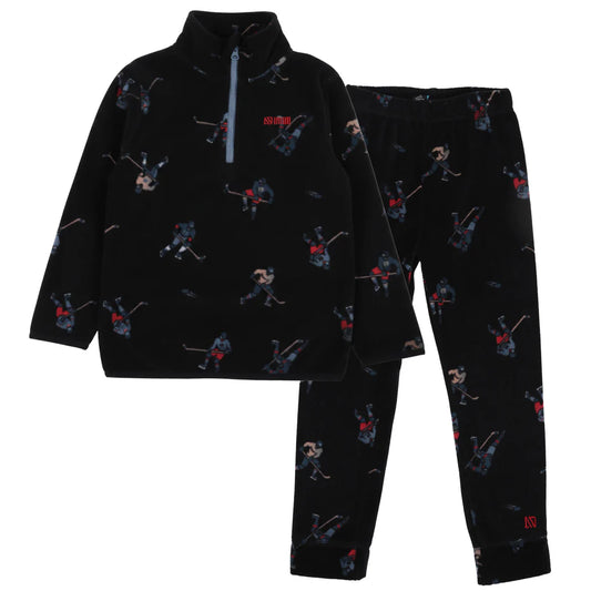 Ensemble Thermal - Nanö noir avec motifs joueurs de hockey bleus et rouges, en matière polaire douce, pour enfant, vue de face posé à plat.