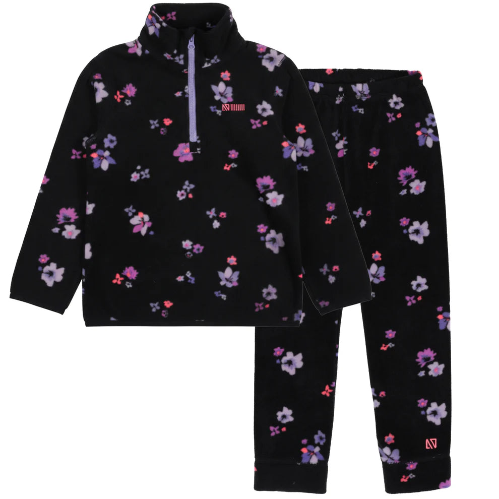 Ensemble Thermal - Nanö noir avec motifs floraux violets et roses, en tissu polaire, pour enfant fille, vue de face sur mannequin.