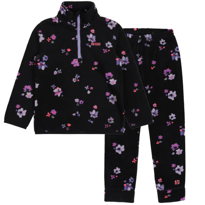 Ensemble Thermal - Nanö noir avec motifs floraux violets et roses, en tissu polaire, pour enfant fille, vue de face sur mannequin.