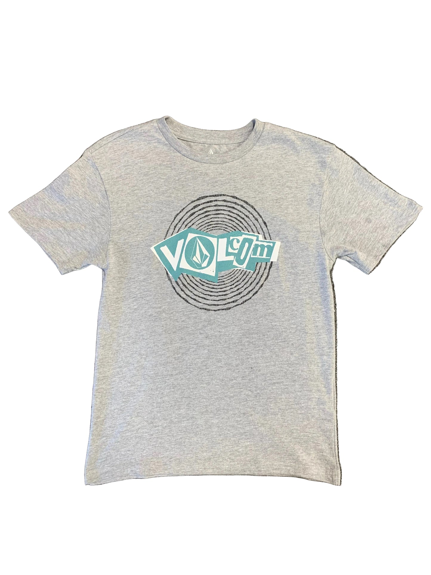 T-Shirt - Volcom gris clair en coton avec logo bleu et noir stylisé au centre, coupe droite, vue de face.