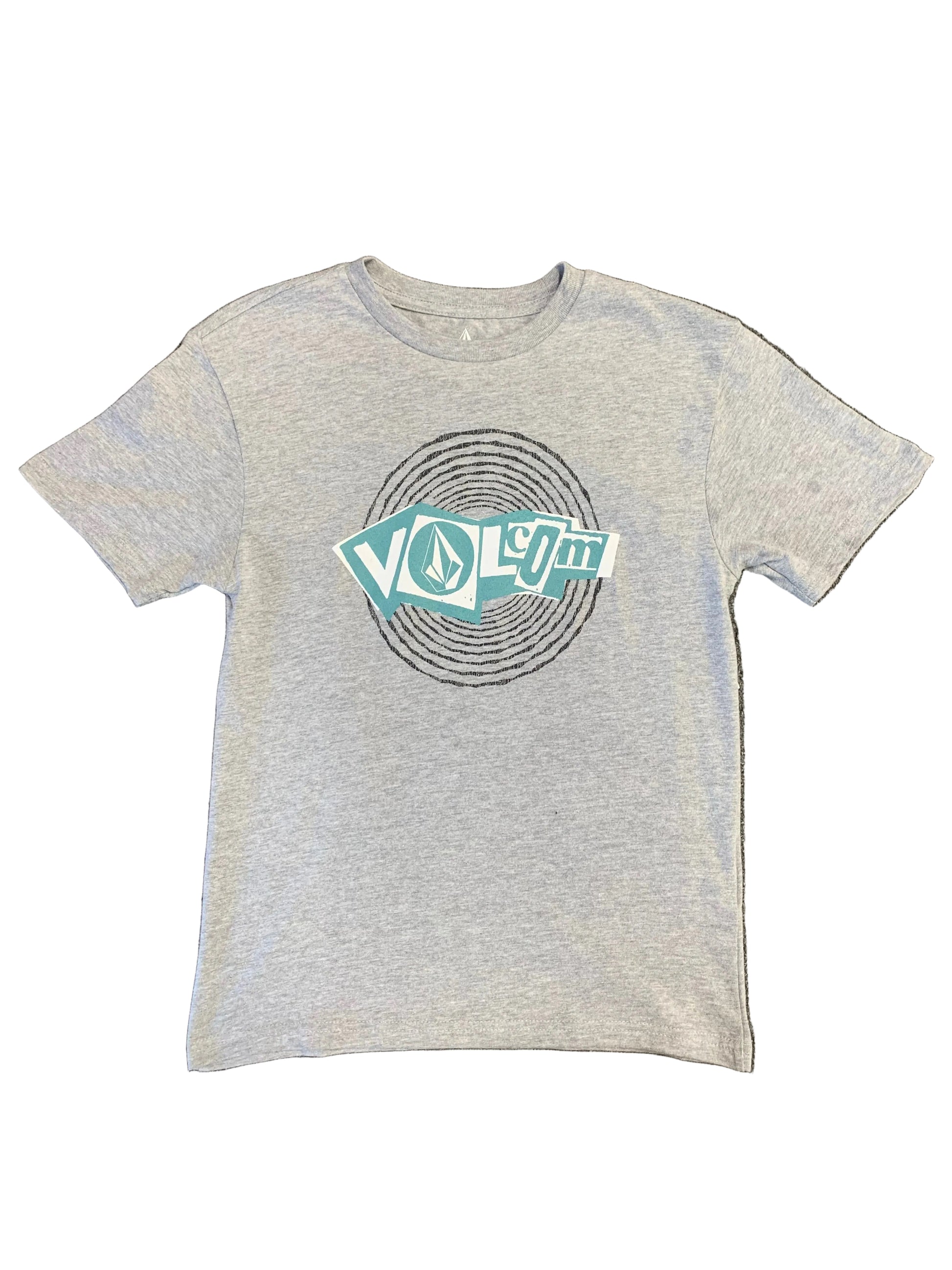 T-Shirt - Volcom gris clair en coton avec logo bleu et noir stylisé au centre, coupe droite, vue de face.