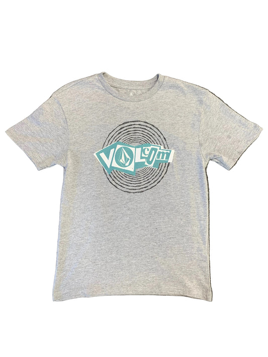 T-Shirt - Volcom gris clair en coton avec logo bleu et noir stylisé au centre, coupe droite, vue de face.