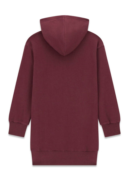 Robe - Guess longue bordeaux en tissu doux avec capuche, manches longues et finition côtelée, vue de dos.