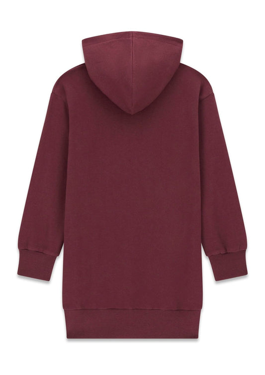 Robe - Guess longue bordeaux en tissu doux avec capuche, manches longues et finition côtelée, vue de dos.