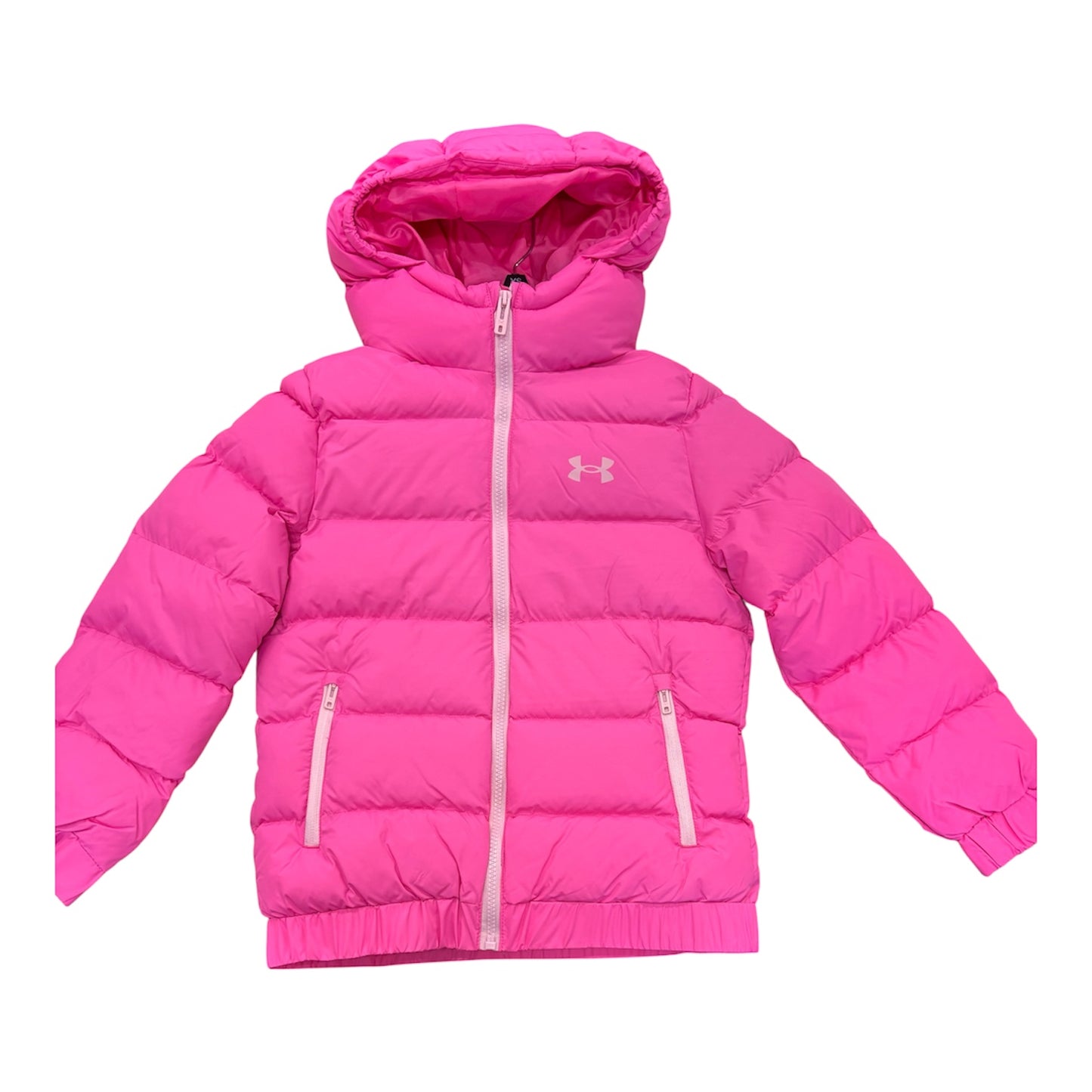 Manteau Mi-Saison - Under Armour rose vif matelassé avec capuche, fermeture éclair contrastante, pour enfant, vue de face.