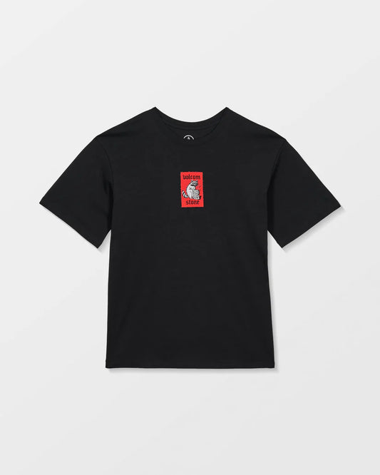 T-Shirt - Volcom noir avec logo rouge et blanc centré, en coton recyclé et coton, vue de face, style unisexe adulte.