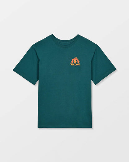 T-Shirt - Volcom vert foncé avec logo orange devant, col rond, tissu coton recyclé, vue de face, adulte homme.