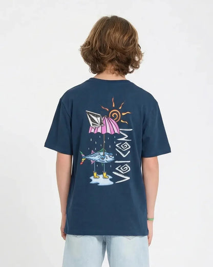 T-Shirt - Volcom bleu marine pour enfant garçon, motif coloré dos avec poisson, parapluie et soleil, vue de dos