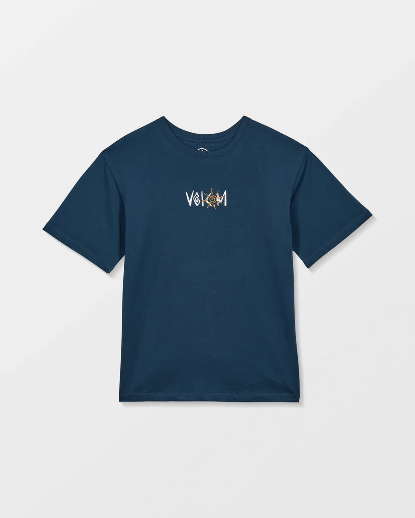 T-Shirt - Volcom bleu marine en coton recyclé avec logo imprimé blanc et orange, coupe droite, vue de face.