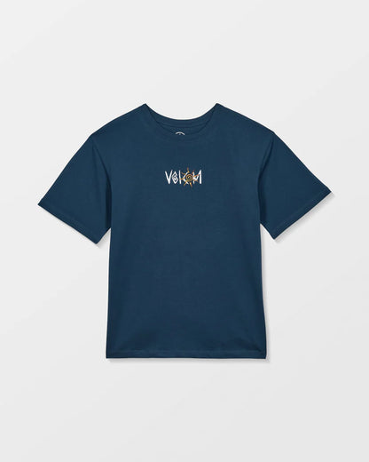 T-Shirt - Volcom bleu marine en coton recyclé avec logo imprimé blanc et orange, coupe droite, vue de face.