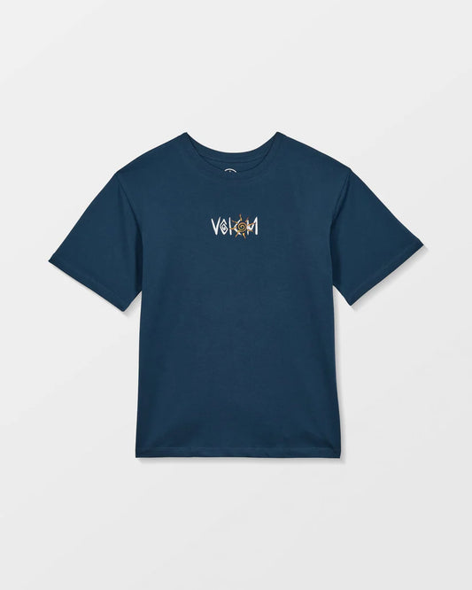 T-Shirt - Volcom bleu marine en coton recyclé avec logo imprimé blanc et orange, coupe droite, vue de face.