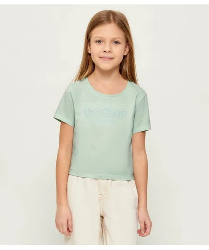 T-Shirt - Guess vert clair en coton, manches courtes, pour enfant fille, vue de face portée sur mannequin.