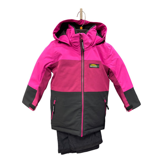 Habit de neige Colibri - Chlorophylle pour enfant, manteau à capuche rose fuchsia et bordeaux avec détails gris, vue de face sur fond blanc.