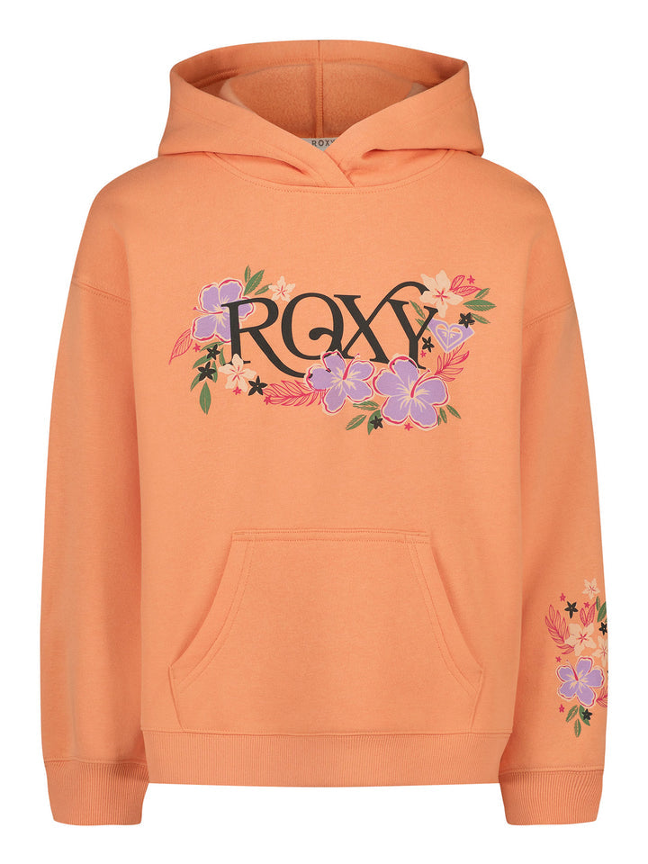 Hoodie - Roxy orange à capuche, motif floral multicolore sur le devant et la manche, poche kangourou, vue de face