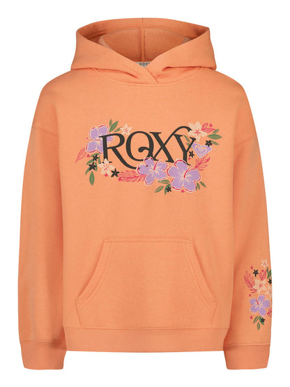 Hoodie - Roxy orange à capuche, motif floral multicolore sur le devant et la manche, poche kangourou, vue de face