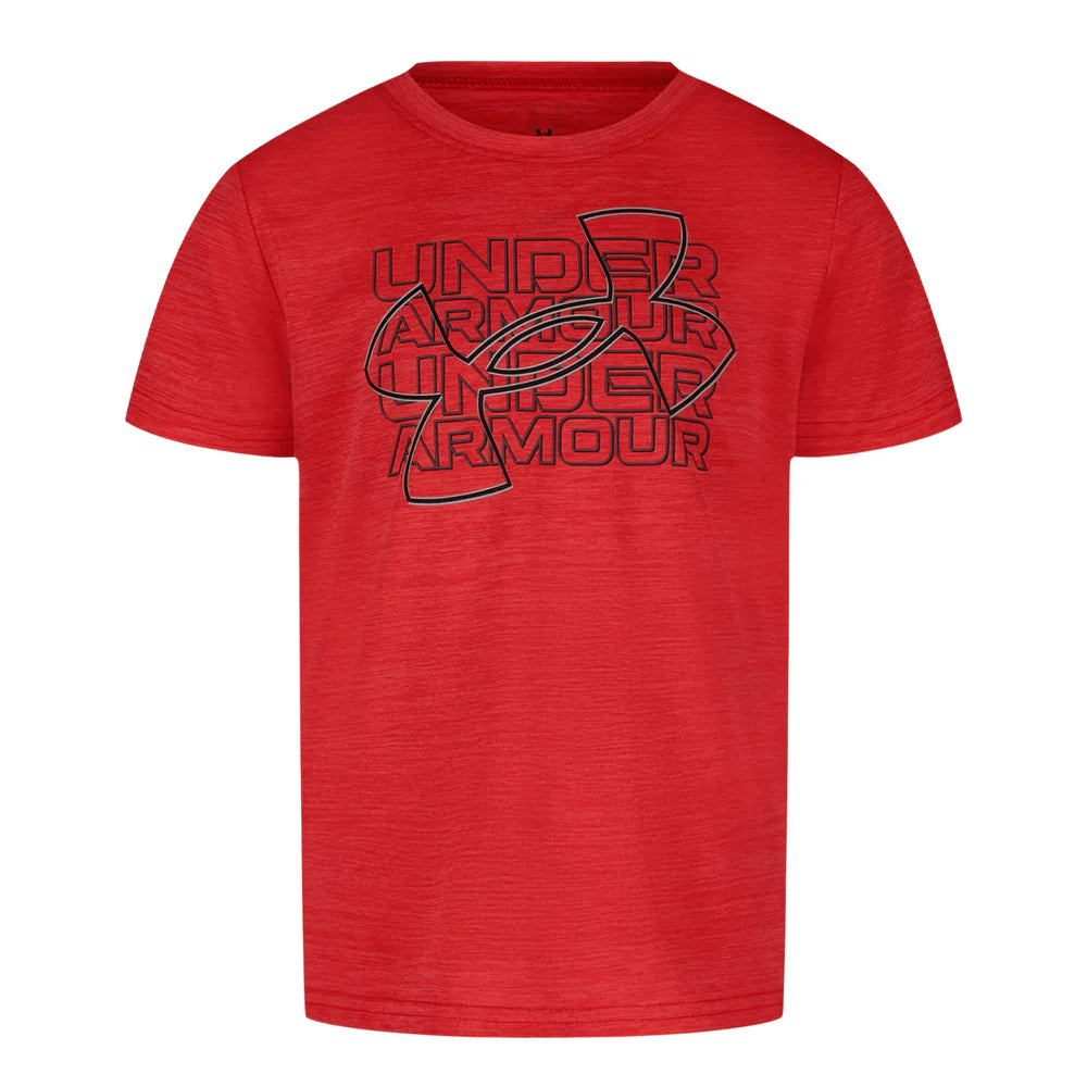 T-Shirt - Under Armour rouge avec logo noir devant, style sportif, coupe droite, vue de face.