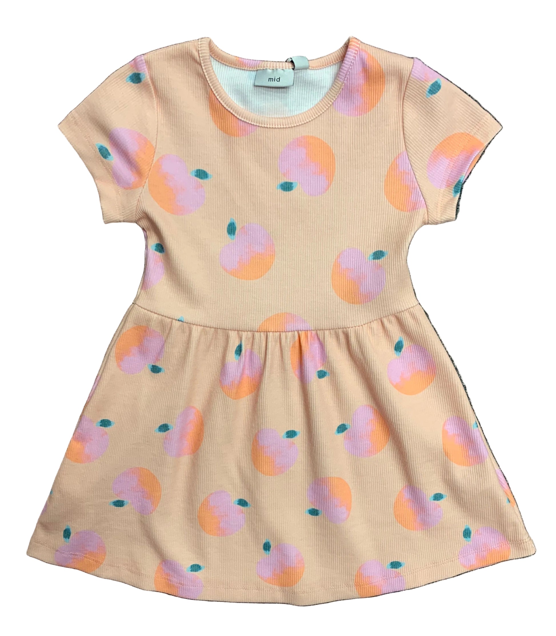 Robe - M.I.D. beige à manches courtes avec motifs pêche roses et feuilles vertes, en coton, vue de face, enfant fille.