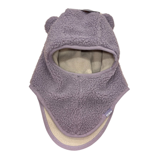 Cagoule - Calikids en polaire effet peluche mauve avec oreilles arrondies et doublure beige pour enfant vue de face