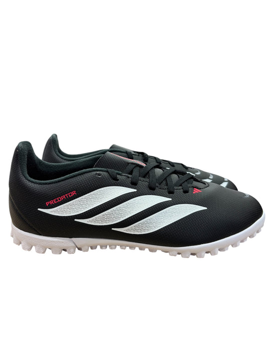 Chaussures de soccer Predator Club TF J - Adidas noires avec bandes blanches, détails rouges, matière synthétique, pour enfant, vue de profil